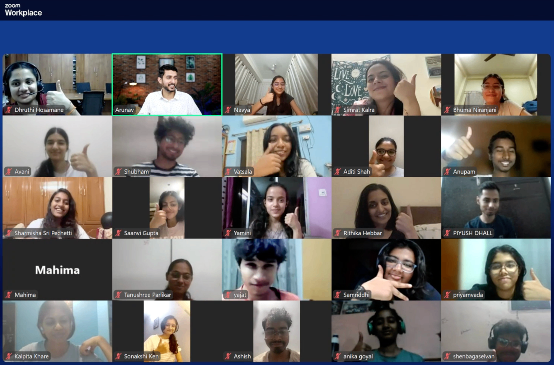 Grid view of an OLP Club live session with students and mentor on a video call