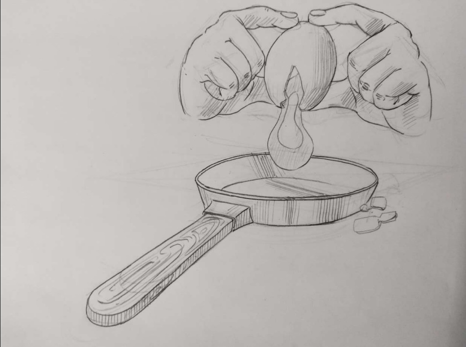 Pencil sketch of a design challenge submission showing an egg over a frying pan