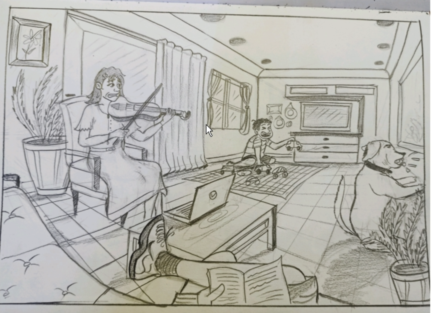 Detailed pencil sketch of a living room from an OLP Club sketch challenge